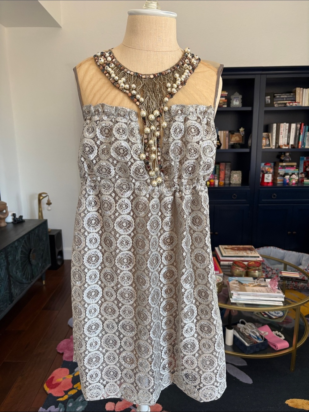 Anna Sui Silver Grey Lace Beaded Dress size S, NWT